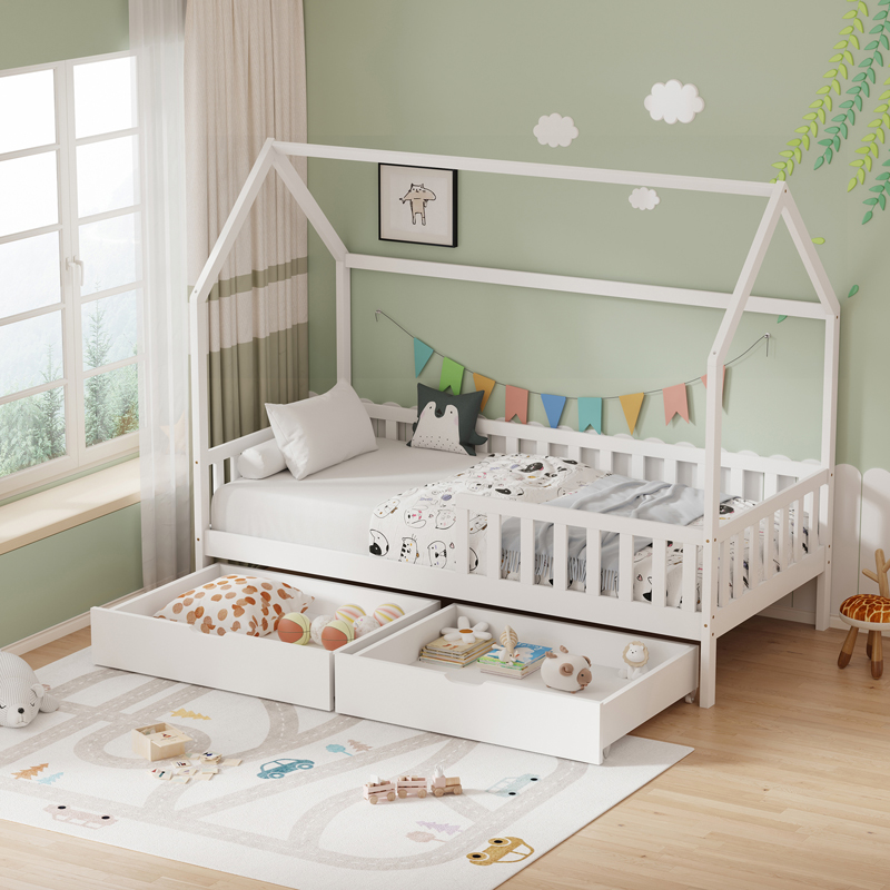 Παιδικό κρεβάτι Piccolo τ. Montessori με 2 συρτάρια pakoworld ξύλο πεύκου σε λευκή απόχρωση 90x190εκ 1