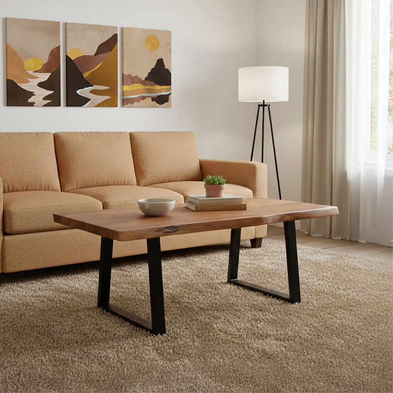 Τραπέζι σαλονιού Miles pakoworld μασίφ ξύλο ακακίας πάχους 3.7-4εκ σε καρυδί απόχρωση με μαύρα μεταλλικά πόδια 115x60x45εκ 1