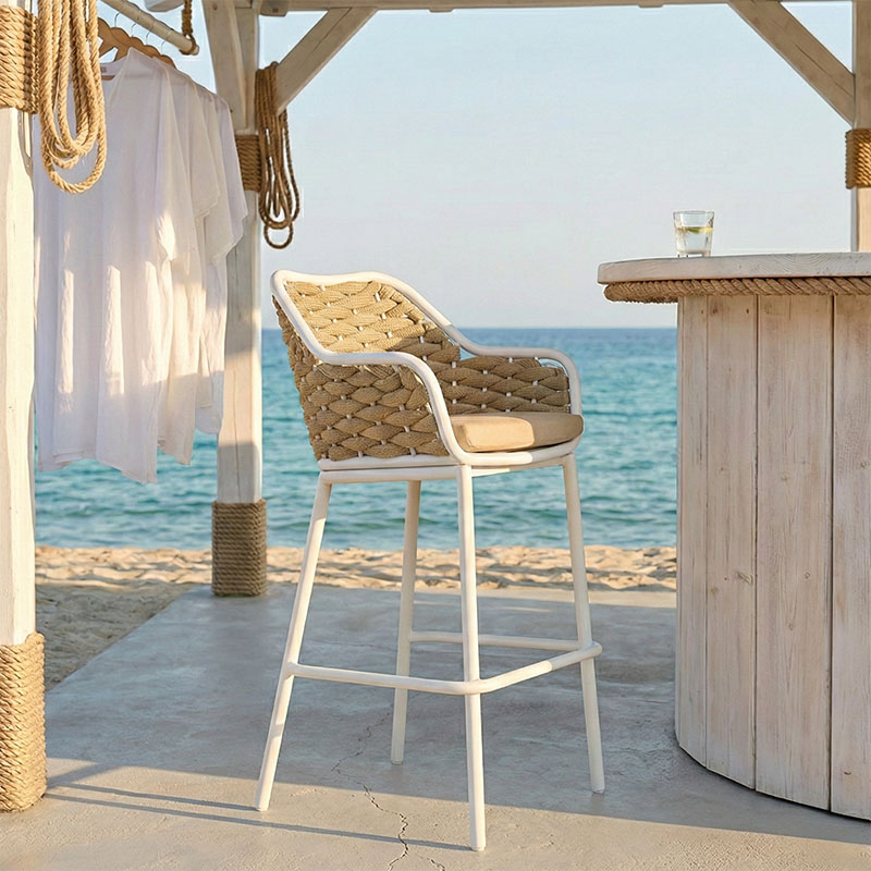 Σκαμπό μπαρ Zuki pakoworld αλουμίνιο με λευκό σκελετό-φυσικό σχοινί 55x54x109εκ 2