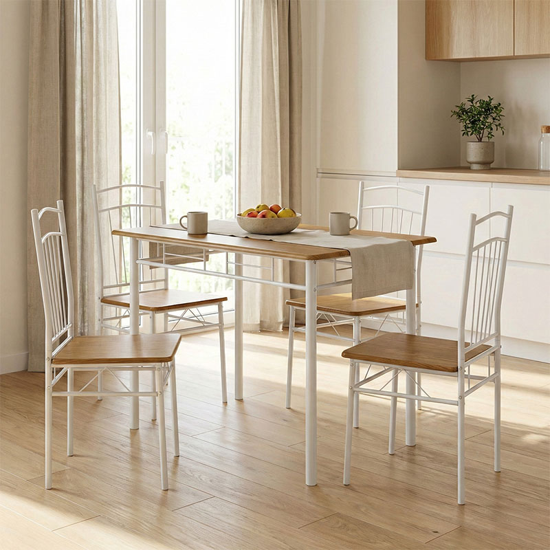 Τραπεζαρία Reforia pakoworld σετ 5τμχ mdf σε φυσική απόχρωση με λευκά μεταλλικά πόδια 110x60x74εκ 1