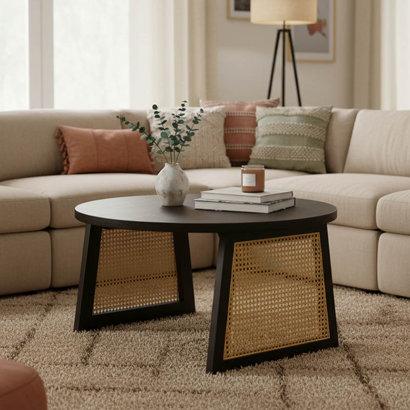 Τραπέζι Tamarind pakoworld ξύλο mango-φυσικό rattan σε μαύρη απόχρωση Φ65x40εκ 1