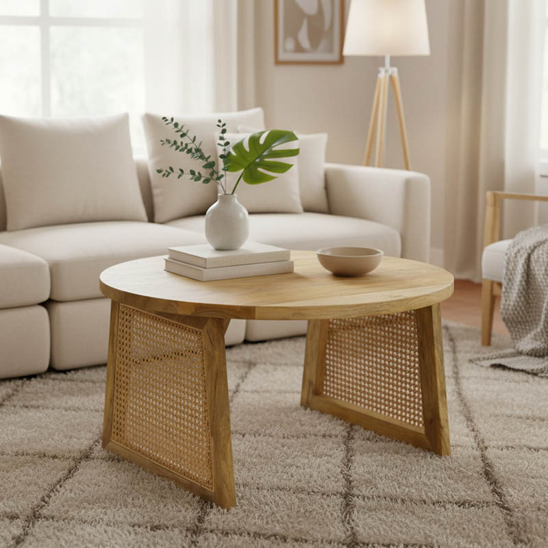 Τραπέζι Tamarind pakoworld ξύλο mango-φυσικό rattan σε φυσική απόχρωση Φ65x40εκ 1