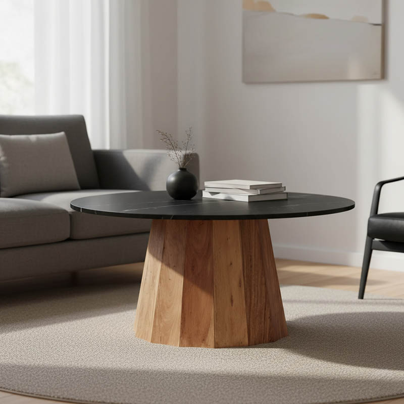 Τραπέζι σαλονιού Ezerdian pakoworld μασίφ ξύλο ακακίας σε φυσική απόχρωση με επιφάνεια μαύρου ματ μαρμάρου Φ90x45εκ 1