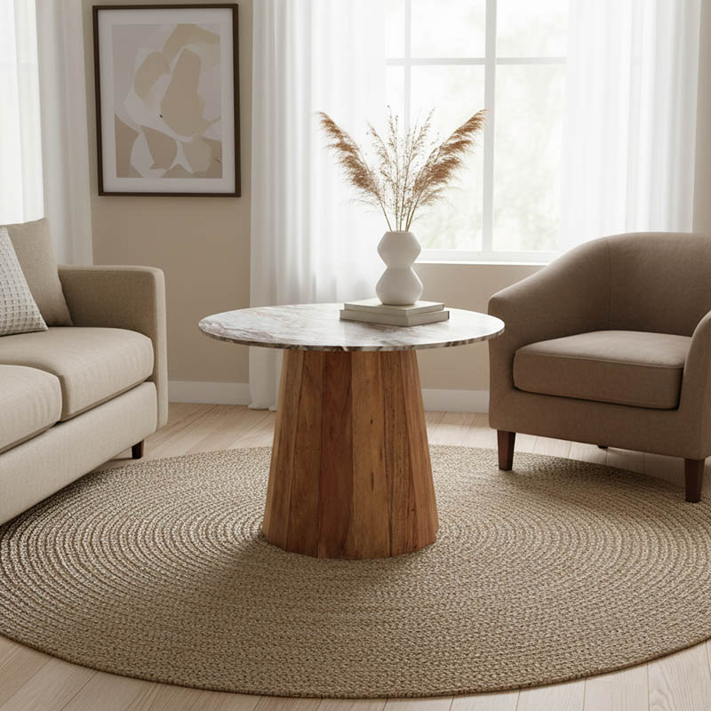 Τραπέζι Ezerdian pakoworld μασίφ ξύλο ακακίας σε φυσική απόχρωση με επιφάνεια ματ μαρμάρου Φ120x76εκ 1