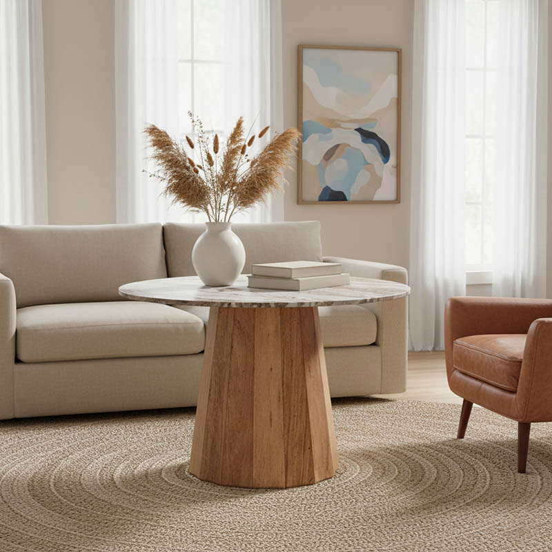 Τραπέζι Ezerdian pakoworld μασίφ ξύλο ακακίας σε φυσική απόχρωση με επιφάνεια ματ μαρμάρου Φ150x76εκ 1