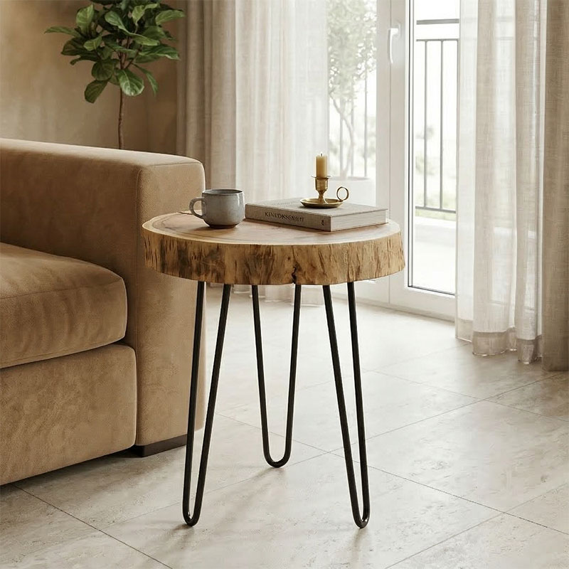 Βοηθητικό τραπέζι Tripp Ι pakoworld μασίφ ξύλο ακακίας σε φυσική απόχρωση-μαύρα μεταλλικά πόδια Φ41x45εκ 1