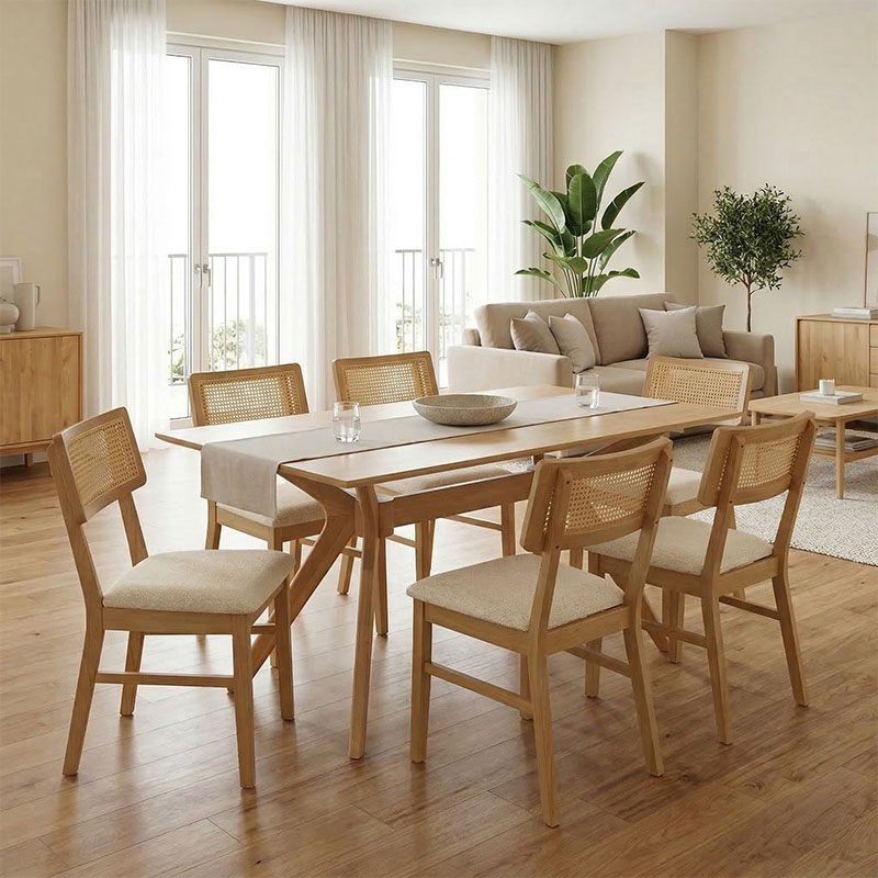 Τραπεζαρία Raffles pakoworld σετ 7τεμ rubberwood με pe rattanσε φυσική απόχρωση 150x90x76εκ 1