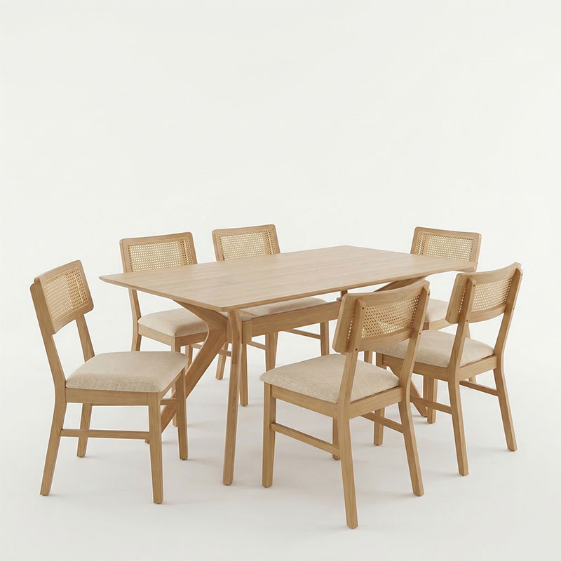 Τραπεζαρία Raffles pakoworld σετ 7τεμ rubberwood με pe rattanσε φυσική απόχρωση 150x90x76εκ 2