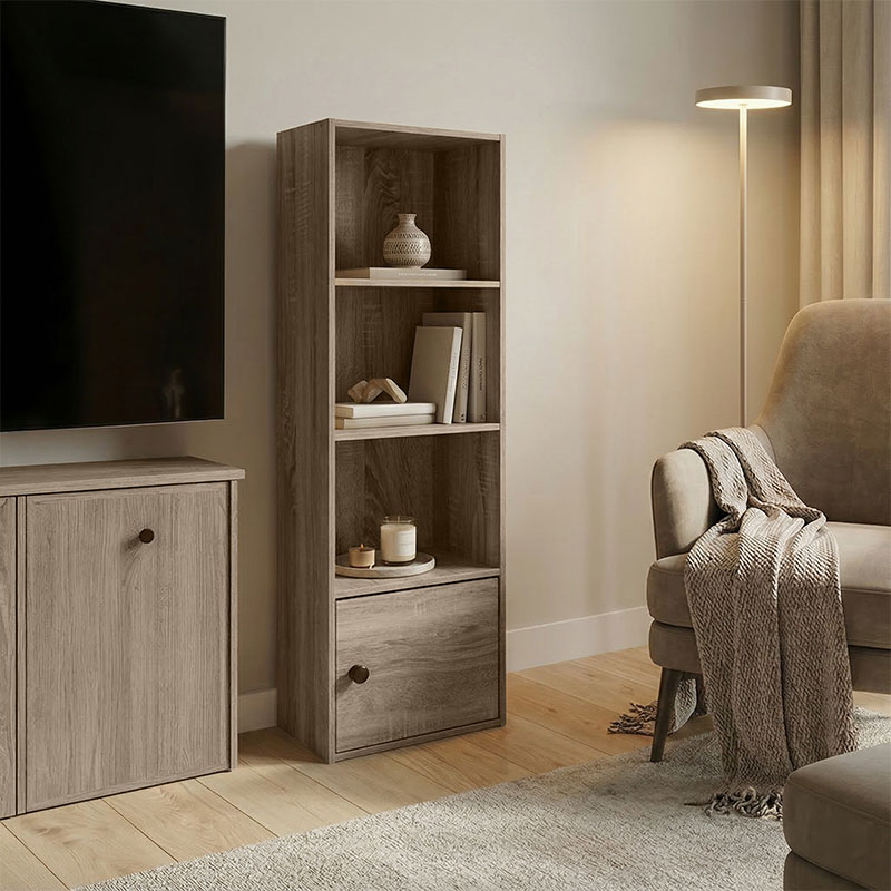 Βιβλιοθήκη-στήλη Lenobia pakoworld με ντουλάπι sonoma 30.5x24x95εκ 1