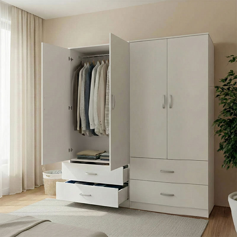 Ντουλάπα τετράφυλλη με συρτάρια Athos pakoworld λευκή 160x42x180εκ 1