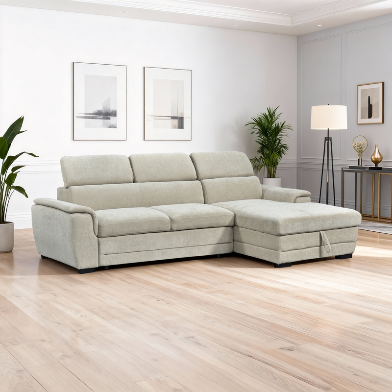 Γωνιακός καναπές-κρεβάτι αριστερή γωνία Dreamora pakoworld με αποθηκευτικό χώρο ύφασμα μπεζ 270x167x82εκ 1