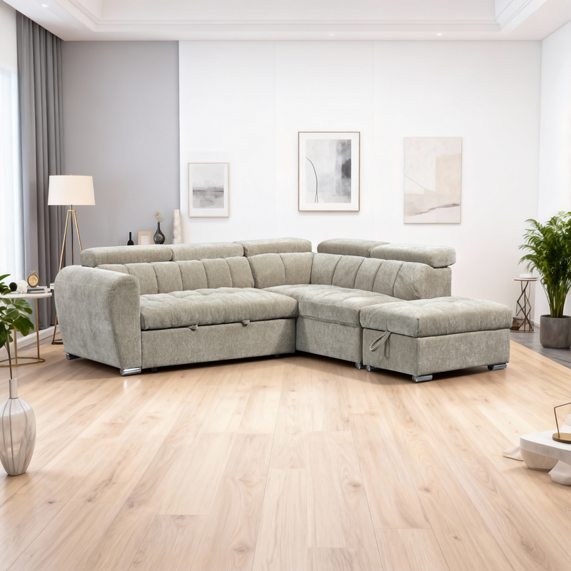 Γωνιακός καναπές-κρεβάτι αριστερή γωνία Nuvora pakoworld με αποθηκευτικό χώρο μπεζ ύφασμα 244x225x79εκ 1