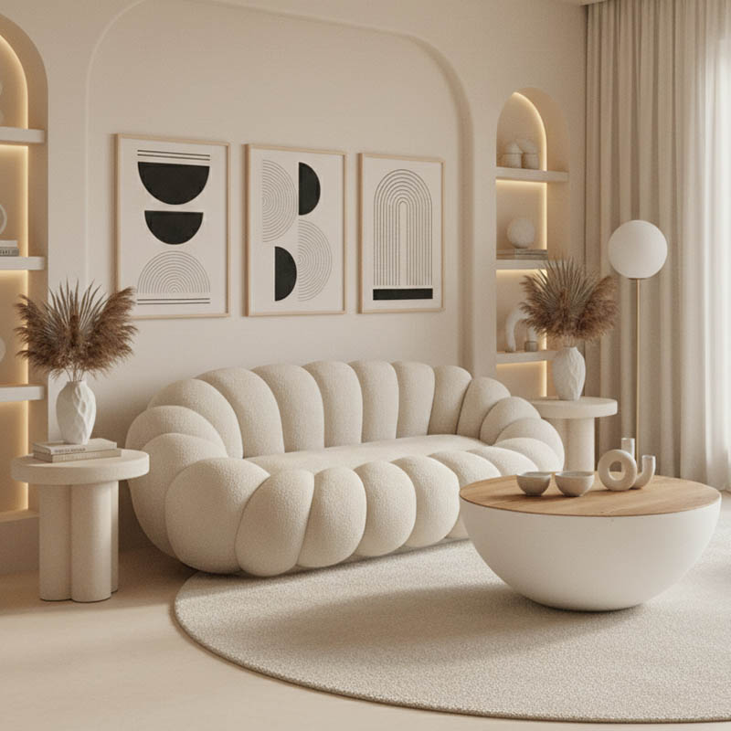 Καναπές Embrace pakoworld μπουκλέ ύφασμα σε μπεζ απόχρωση 180x105x65εκ 1