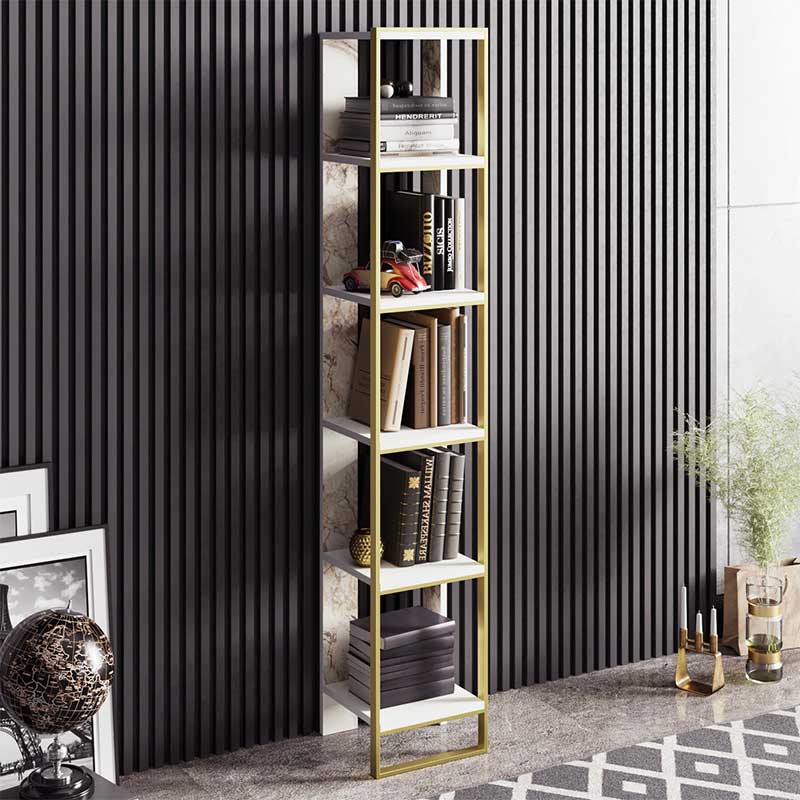 Βιβλιοθήκη Marble pakoworld χρώμα λευκό μαρμάρου-χρυσό 32x31,5x178,5εκ 2