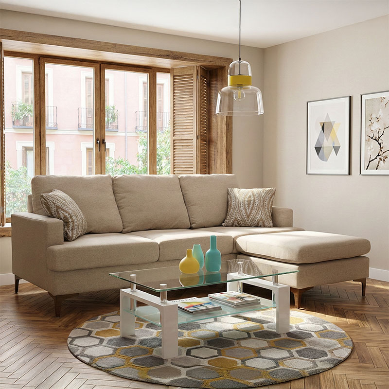 Γωνιακός καναπές με σκαμπό Slim pakoworld υφασμάτινος χρώμα μπεζ με μαξιλάρια 185x140x70εκ 1