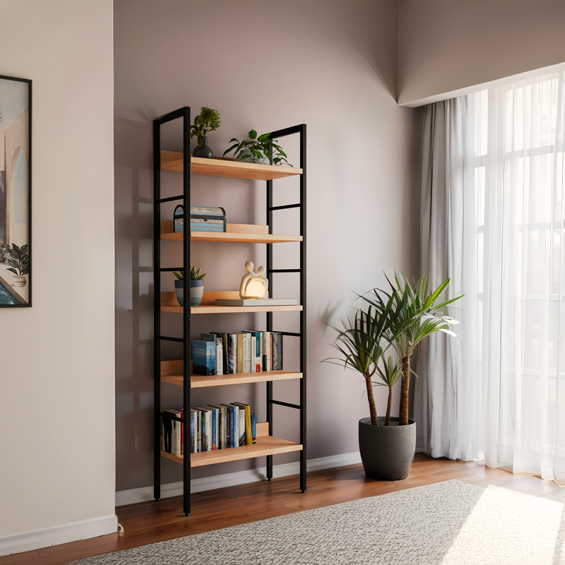 Βιβλιοθήκη Ramon pakoworld φυσικό-μαύρο μέταλλο 60x28x160εκ 2