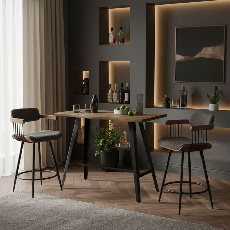Tραπέζι μπαρ Fortitude pakoworld MDF καρυδί - πόδι μαύρο 140x70x103.5εκ 2