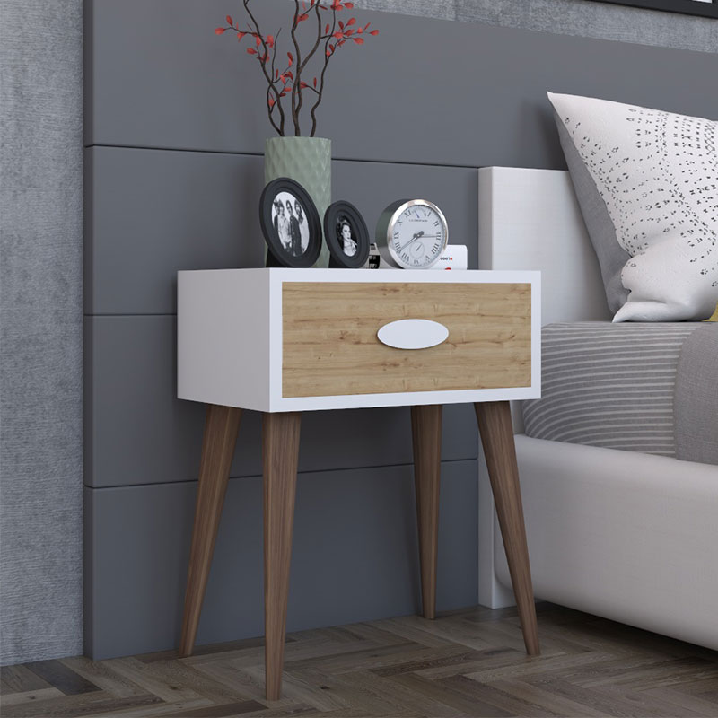 Κομοδίνο Laber pakoworld με ένα συρτάρι καρυδί-λευκό-sonoma 45x30x57.5εκ 2