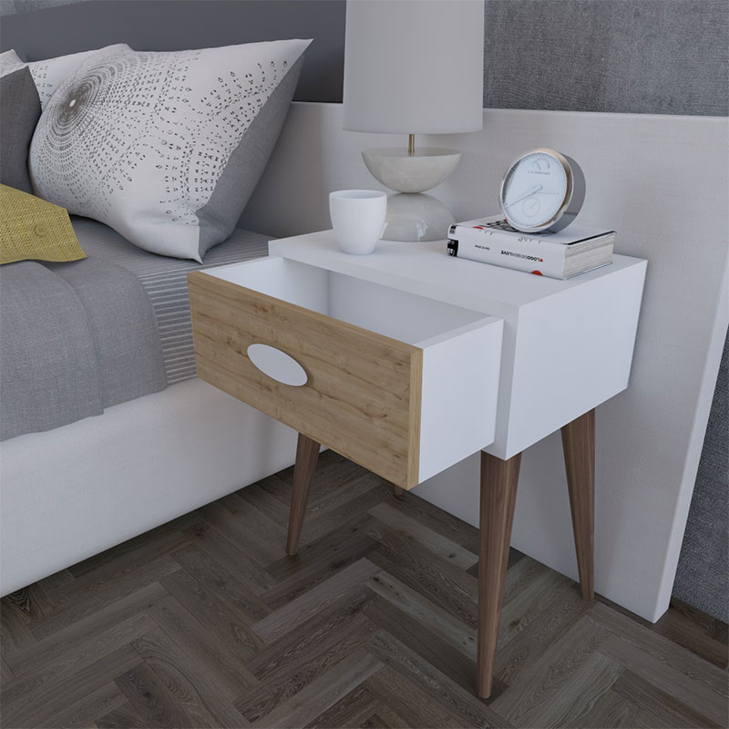 Κομοδίνο Laber pakoworld με ένα συρτάρι καρυδί-λευκό-sonoma 45x30x57.5εκ 4