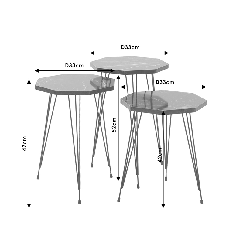Βοηθητικά τραπέζια σαλονιού Buena pakoworld σετ 3τεμ μαύρο μαρμάρου-μαύρο 3