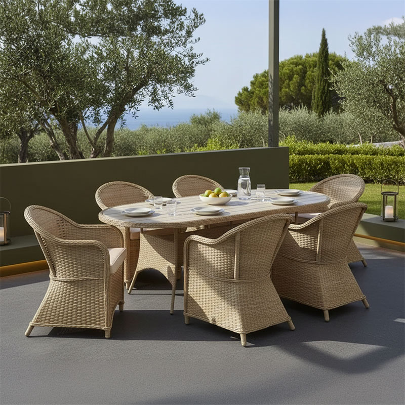 Tραπεζαρία Hadrian-Keir pakoworld σετ 7τεμ καφέ rattan-μπεζ textilene-καφέ αλουμίνιο 180x90x72εκ 1
