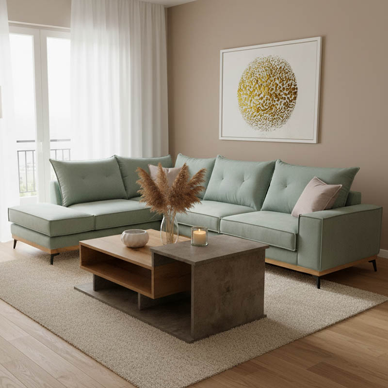 Γωνιακός καναπές δεξιά γωνία Luxury II pakoworld ύφασμα ciel-cream 290x235x95εκ 1