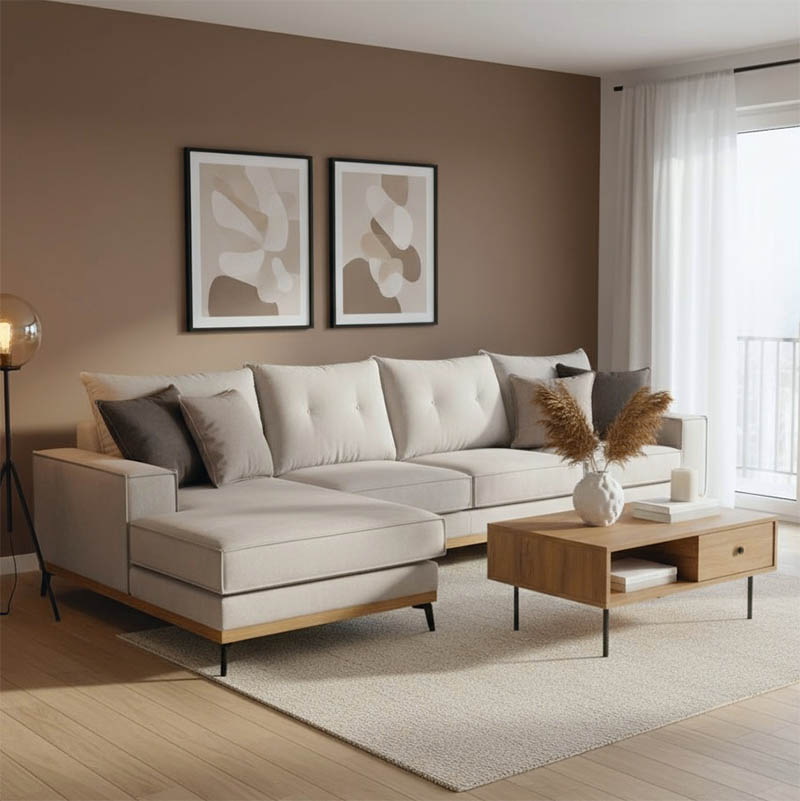 Γωνιακός καναπές δεξιά γωνία Luxury II pakoworld ύφασμα cream-mocha 290x235x95εκ 1