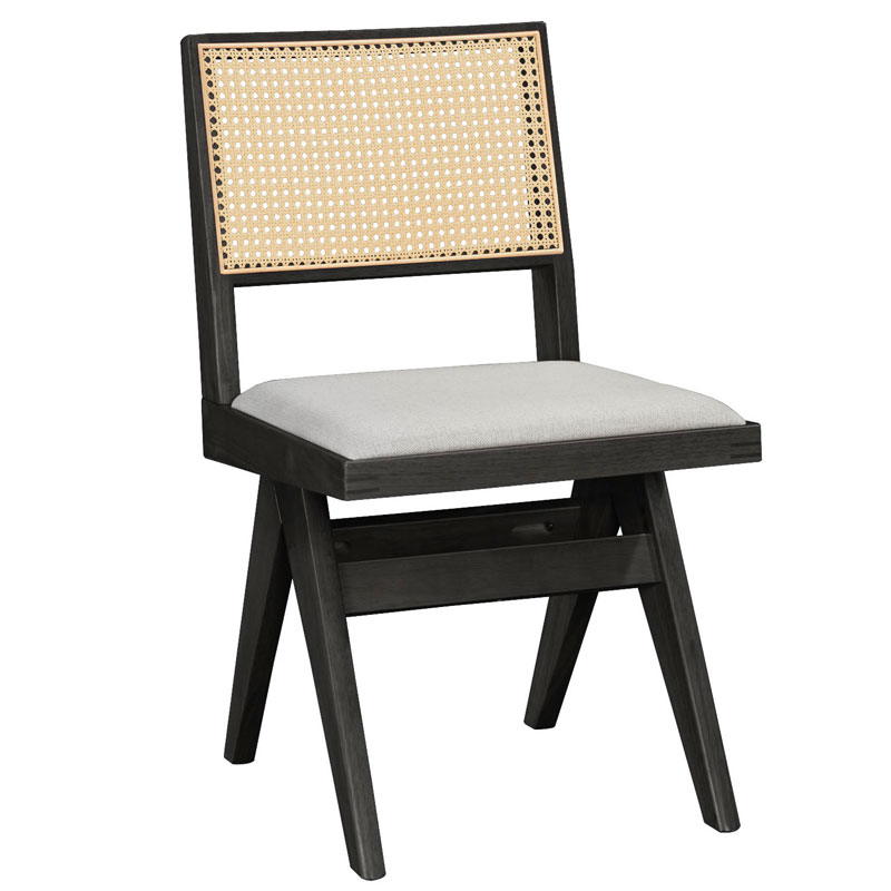 Καρέκλα Winslow pakoworld ξύλο rubberwood μαύρο-pvc rattan φυσικό-ύφασμα γκρι 1