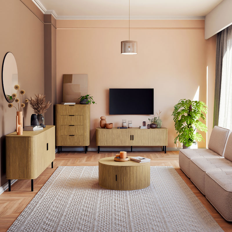 Έπιπλο τηλεόρασης-Μπουφές μεσαίου μεγέθους Scandi pakoworld MDF φυσικό με μεταλλικά μαύρα πόδια 150x45x57.5εκ 2