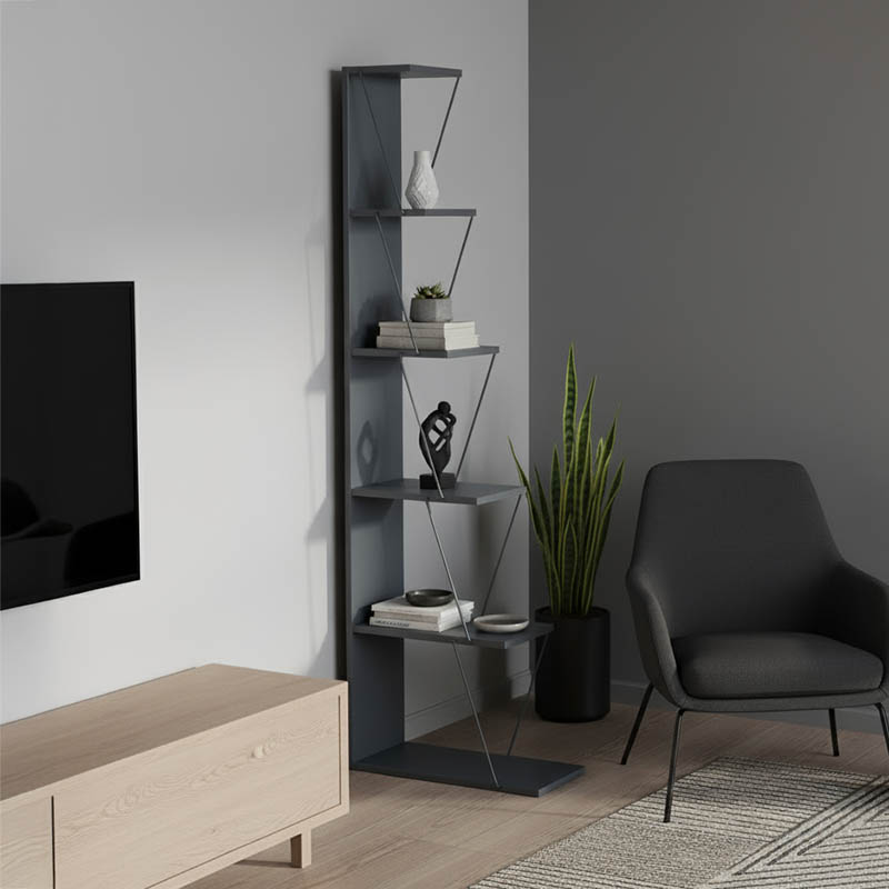 Βιβλιοθήκη Tars pakoworld γκρι-μαύρο 60x24x146.5εκ 2