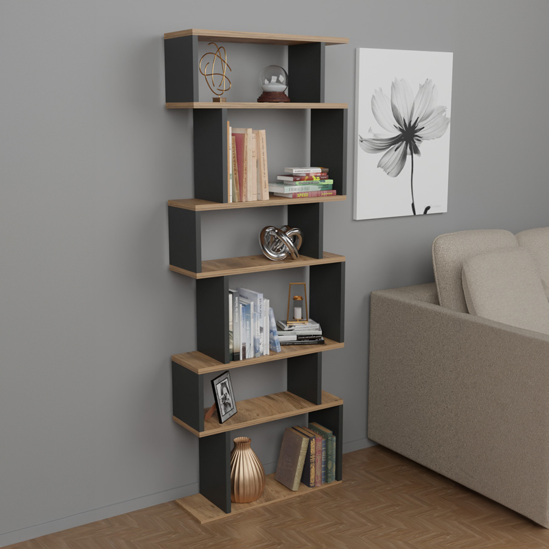 Βιβλιοθήκη Iolmi pakoworld ανθρακί-oak μελαμίνης 60x19.5x160εκ 2
