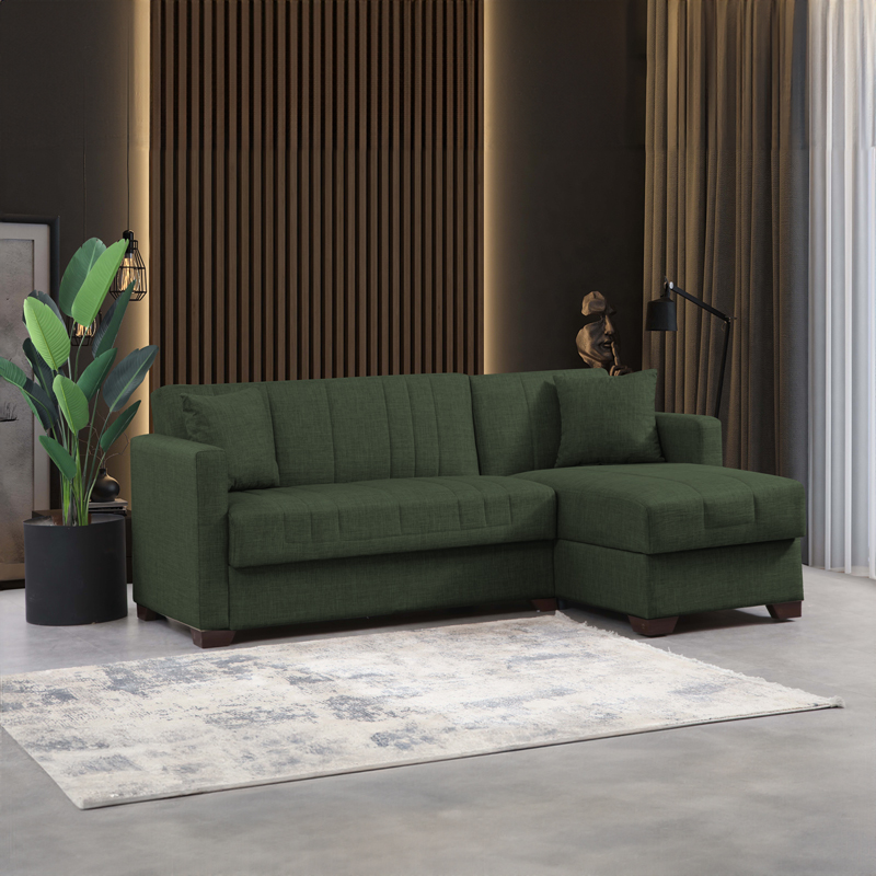 Γωνιακός καναπές-κρεβάτι αναστρέψιμος με αποθηκευτικό χώρο Alaska pakoworld πράσινο ύφασμα 204x143x83εκ 2