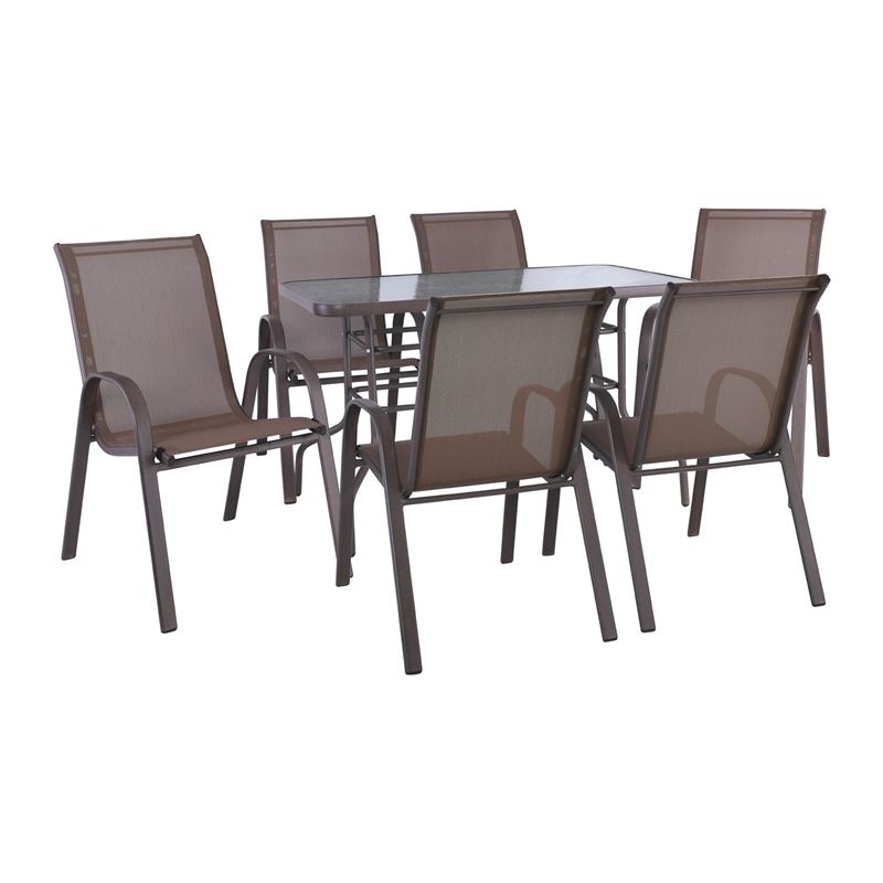 Set Τραπεζαρία Βεράντας - Κήπου : Τραπέζι + 6 Πολυθρόνες Μέταλλο Καφέ - Textilene Καφέ 1