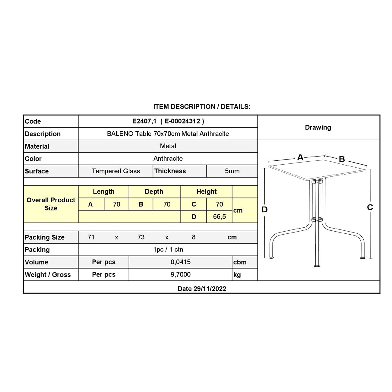 Τραπέζι Κήπου - Βεράντας, Μέταλλο Βαφή Ανθρακί, Γυαλί Tempered 1