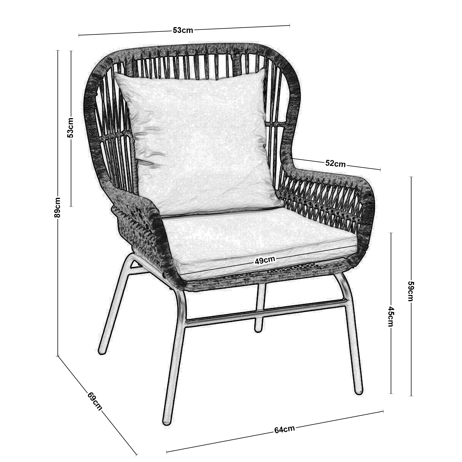 Πολυθρόνα Μέταλλο Βαφή Μαύρο - Wicker Φυσικό - Μαξιλάρι Μπεζ 3