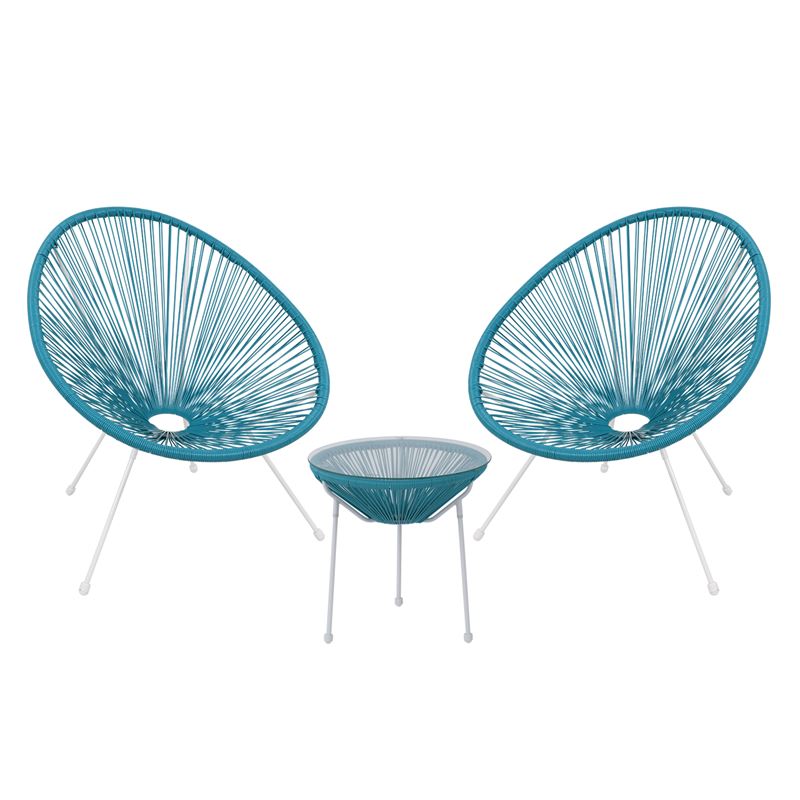 Set Κήπου - Βεράντας: Τραπέζι + 2 Πολυθρόνες Μέταλλο Άσπρο / Rattan Μπλε 1