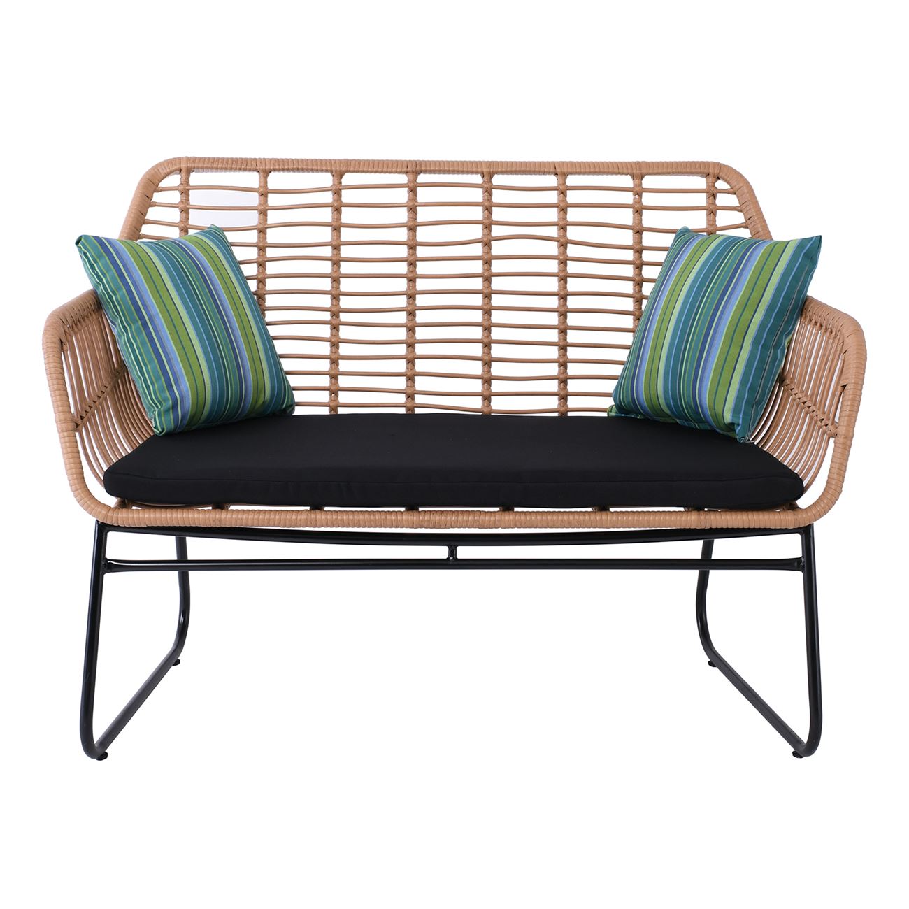 Καναπές Κήπου 2Θέσιος Μέταλλο Βαφή Μαύρο, Wicker Φυσικό, Μαξιλάρι Μαύρο 2