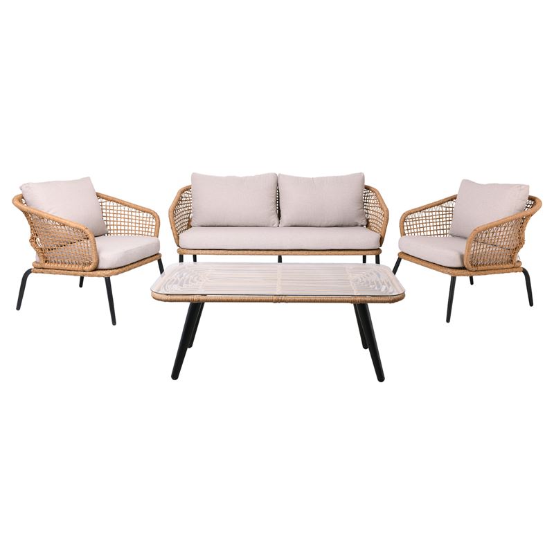 Set Σαλόνι Κήπου ALU Μαύρο-Γυαλί-Wicker Φυσικό: Τραπέζι+2 Θέσιος+2 Πολυθρόνες 1