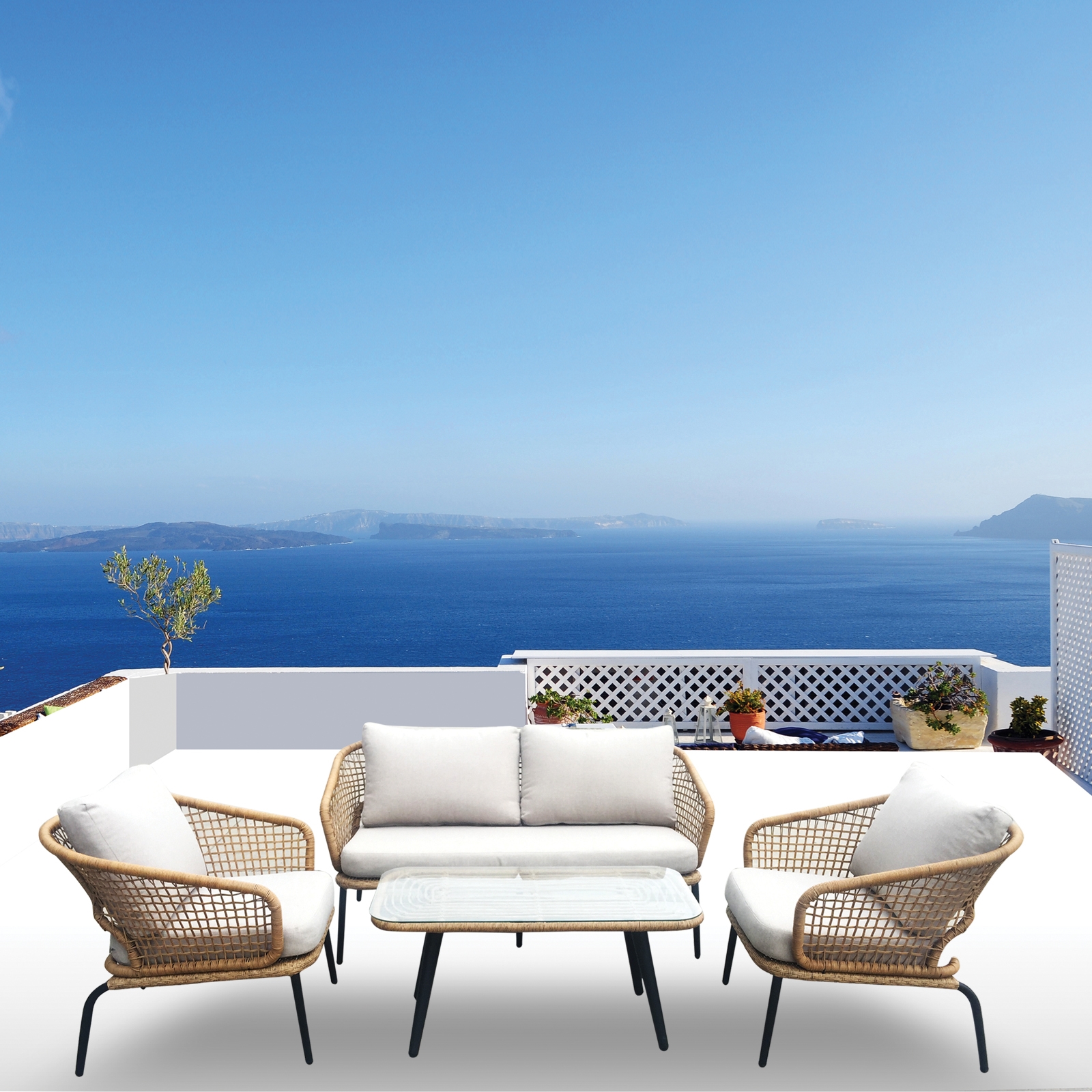 Set Σαλόνι Κήπου ALU Μαύρο-Γυαλί-Wicker Φυσικό: Τραπέζι+2 Θέσιος+2 Πολυθρόνες 2