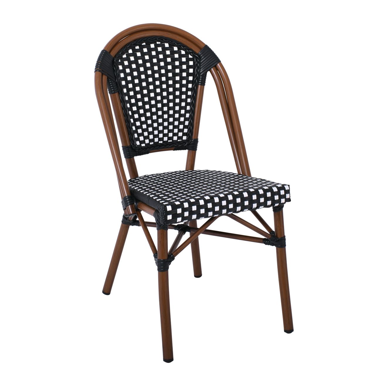 Καρέκλα Bistro, Αλουμίνιο Καρυδί, Wicker Μαύρο - Άσπρο, Στοιβαζόμενη 2