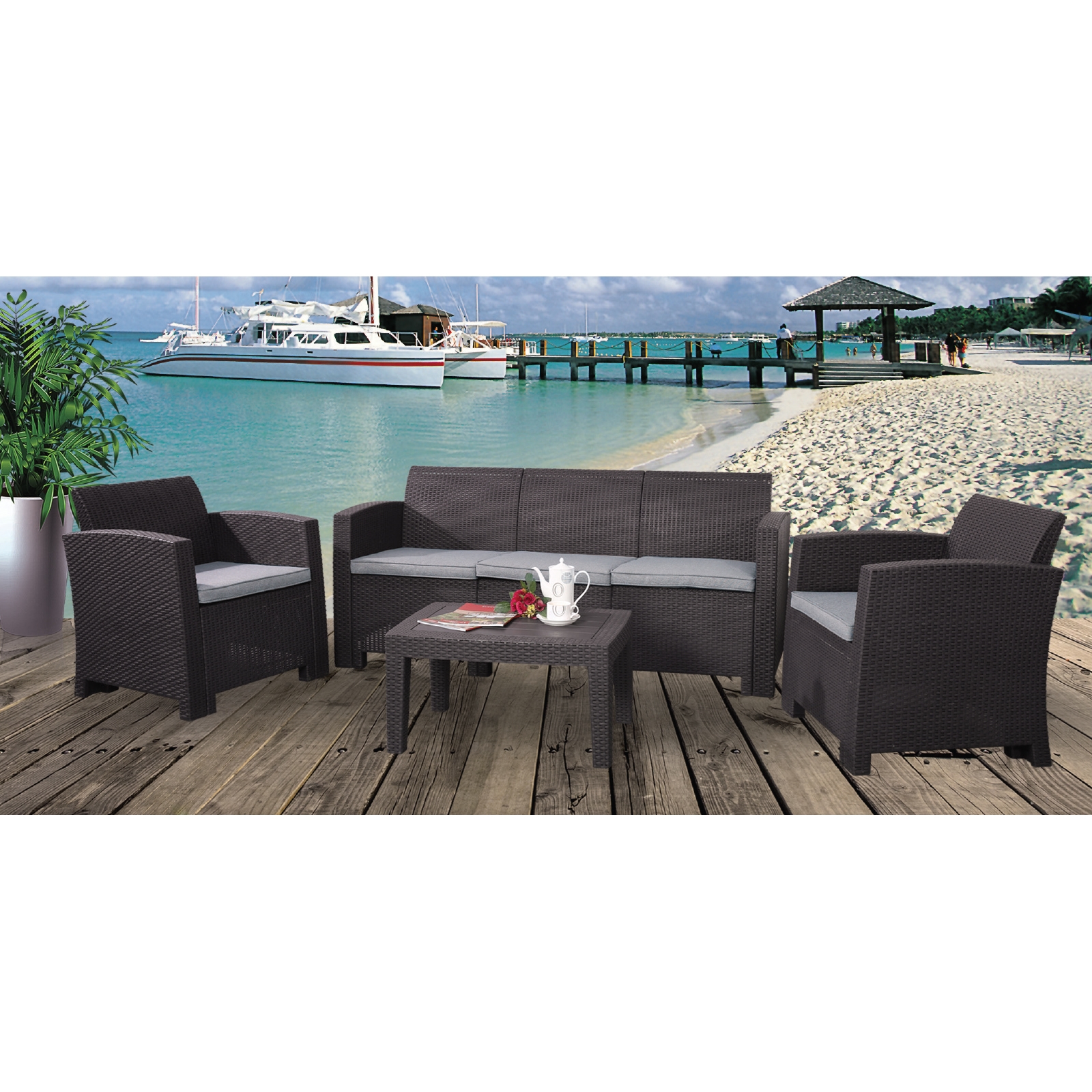 Set Σαλόνι Κήπου Βεράντας  K/D PP-UV Καφέ Μαξιλάρια Grey-White 2