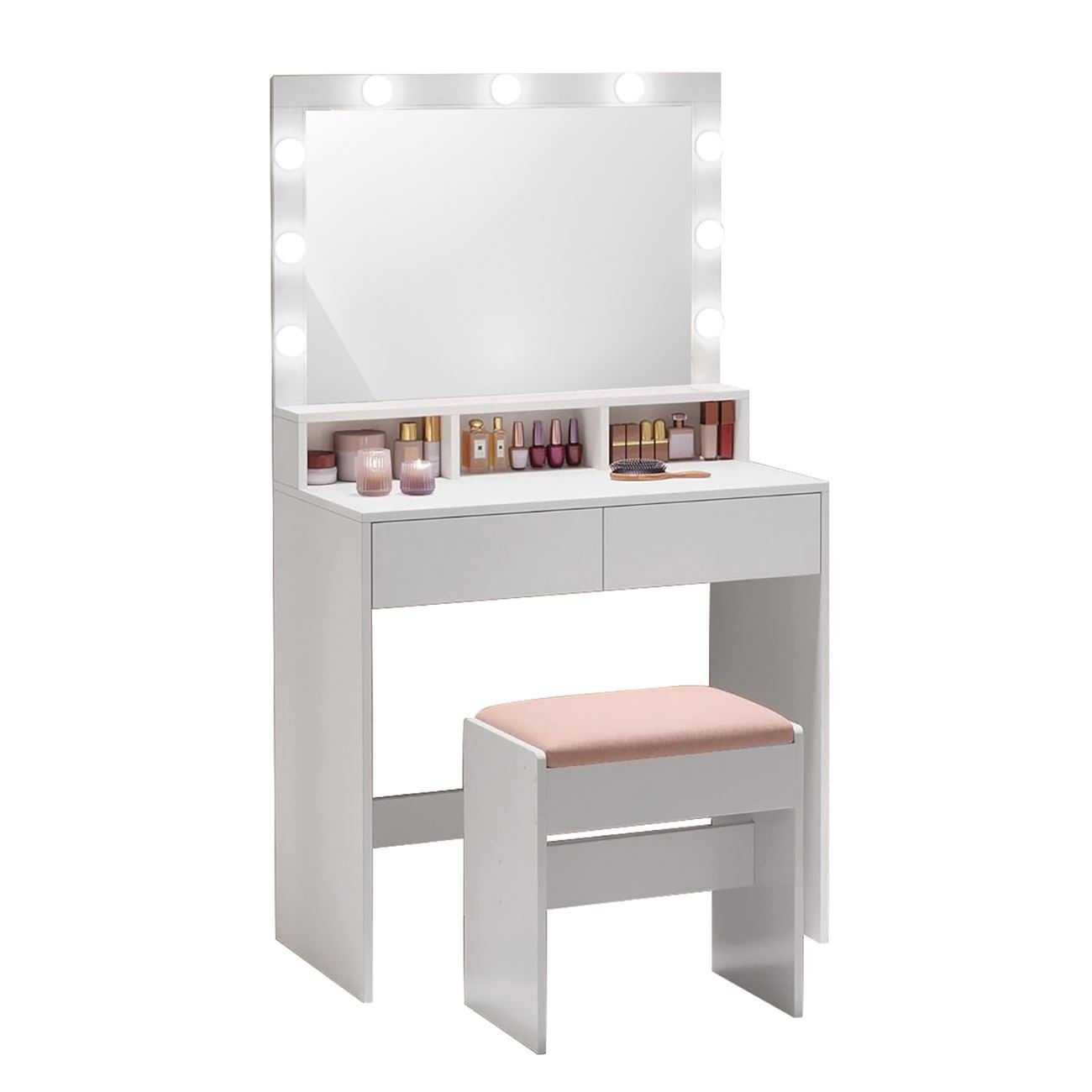 Set Τουαλέτα με Σκαμπό, Απόχρωση Άσπρο, Καθρέπτης LED & θύρα USB 2