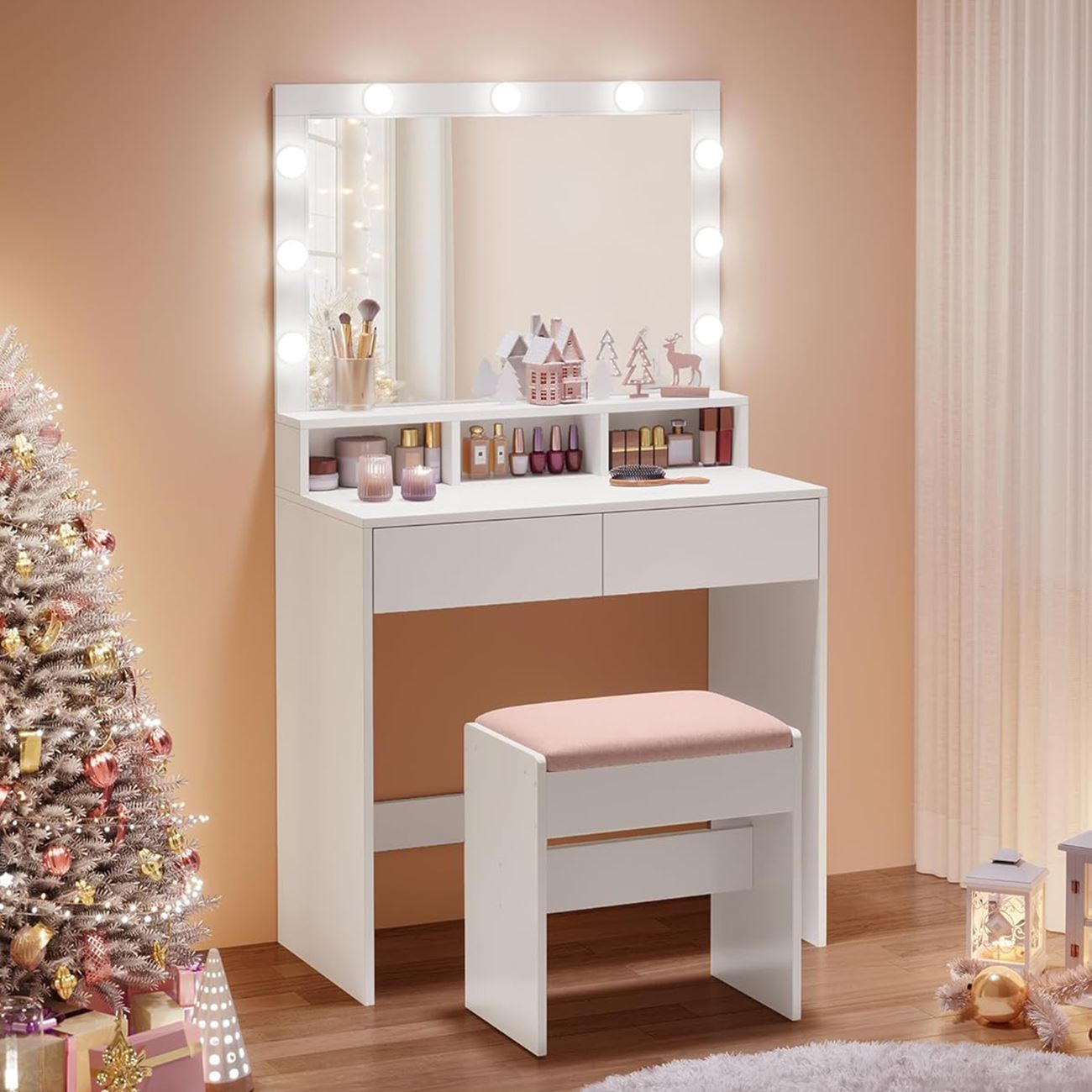 Set Τουαλέτα με Σκαμπό, Απόχρωση Άσπρο, Καθρέπτης LED & θύρα USB 3