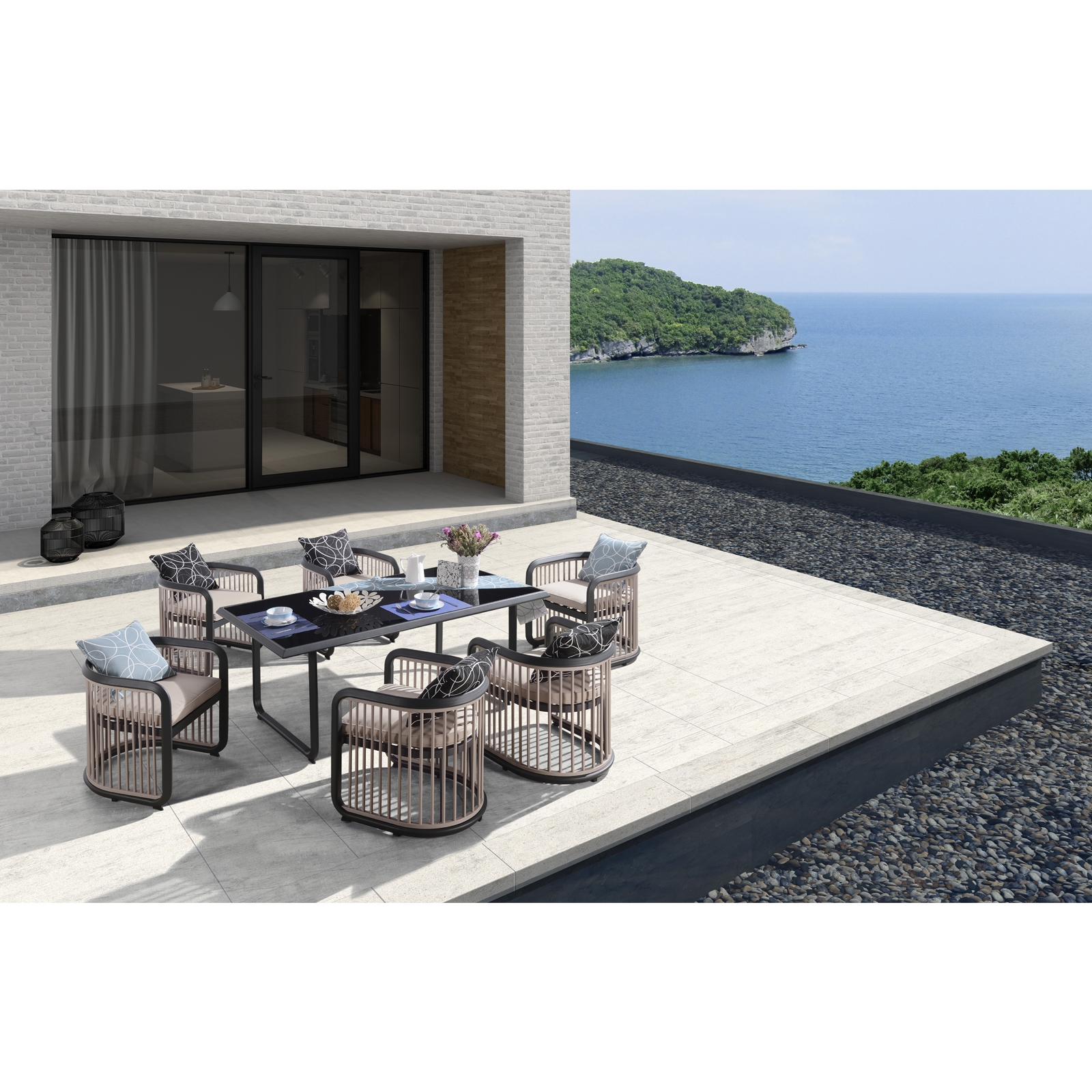 Dining Set Τραπεζαρία Κήπου Βεράντας: Τραπέζι + 6 Πολυθρόνες Alu Ανθρακί - Μπεζ 2