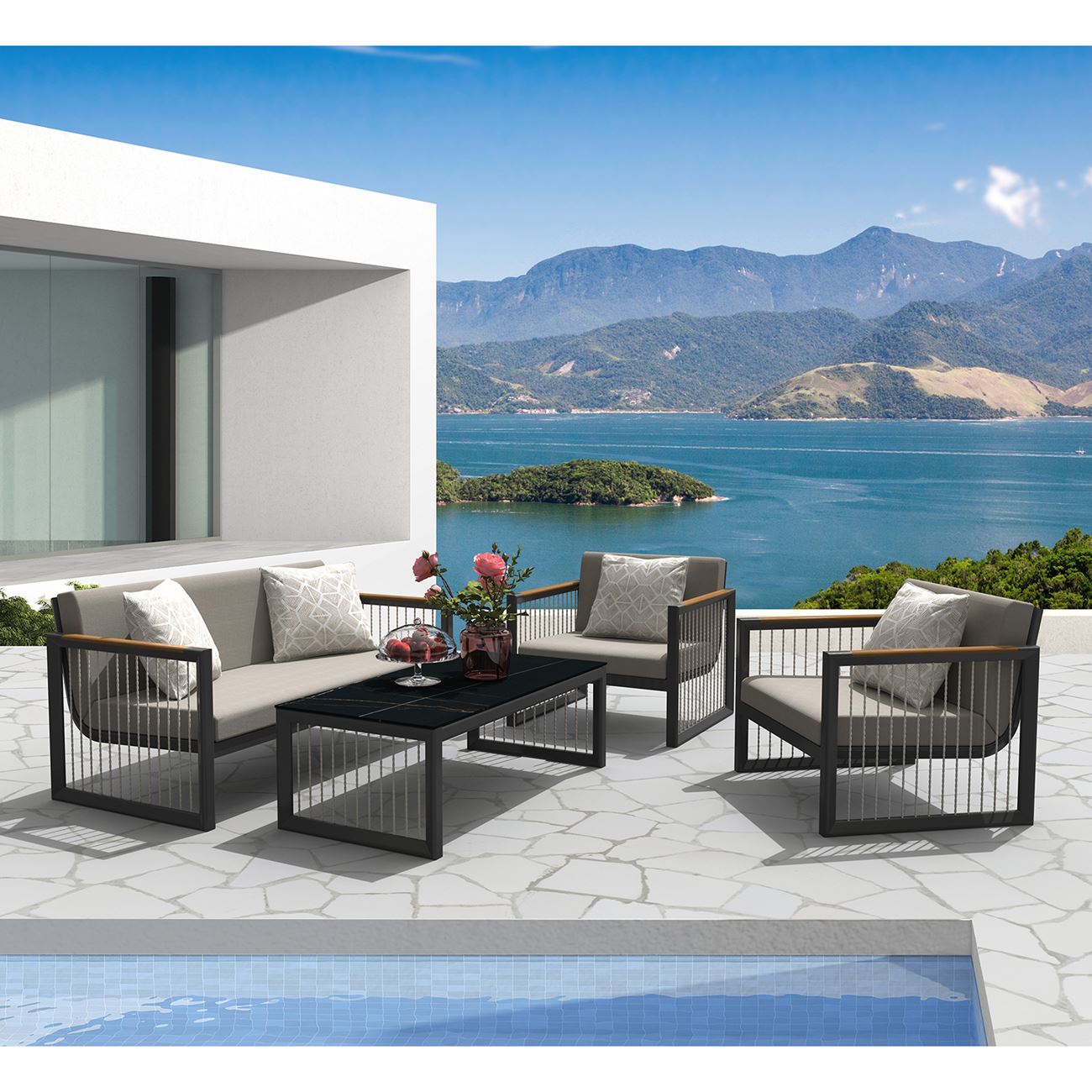 CORDOBA Set Καθιστικό Κήπου ALU Ανθρακί, Καναπές+2 Πολυθρ. +Τραπέζι, Μαξιλάρια Μπεζ 2
