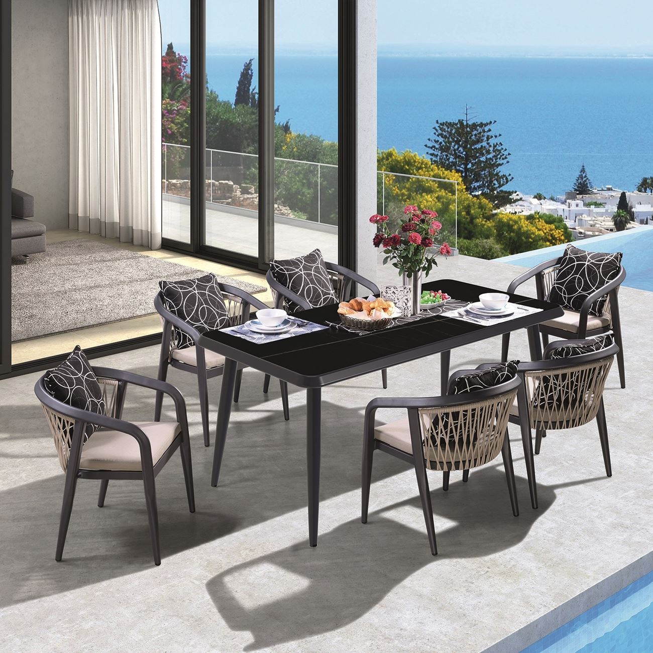 JARDIN Τραπεζαρία ALU Ανθρακί, HPL Μαύρο,Rope Μπεζ: Τραπέζι + 6 Πολυθρόνες με Μαξιλάρια 2