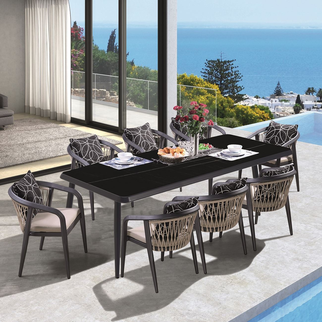 JARDIN Τραπεζαρία ALU Ανθρακί, HPL Μαύρο,Rope Μπεζ: Τραπέζι + 8 Πολυθρόνες με Μαξιλάρια 2