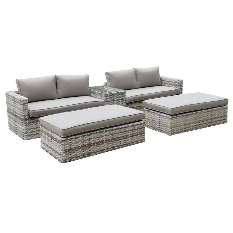 Καναπές 4Θέσιος+2 σκαμπό+Τραπεζάκι, Wicker Grey White,  Μαξιλ.Μπεζ 1
