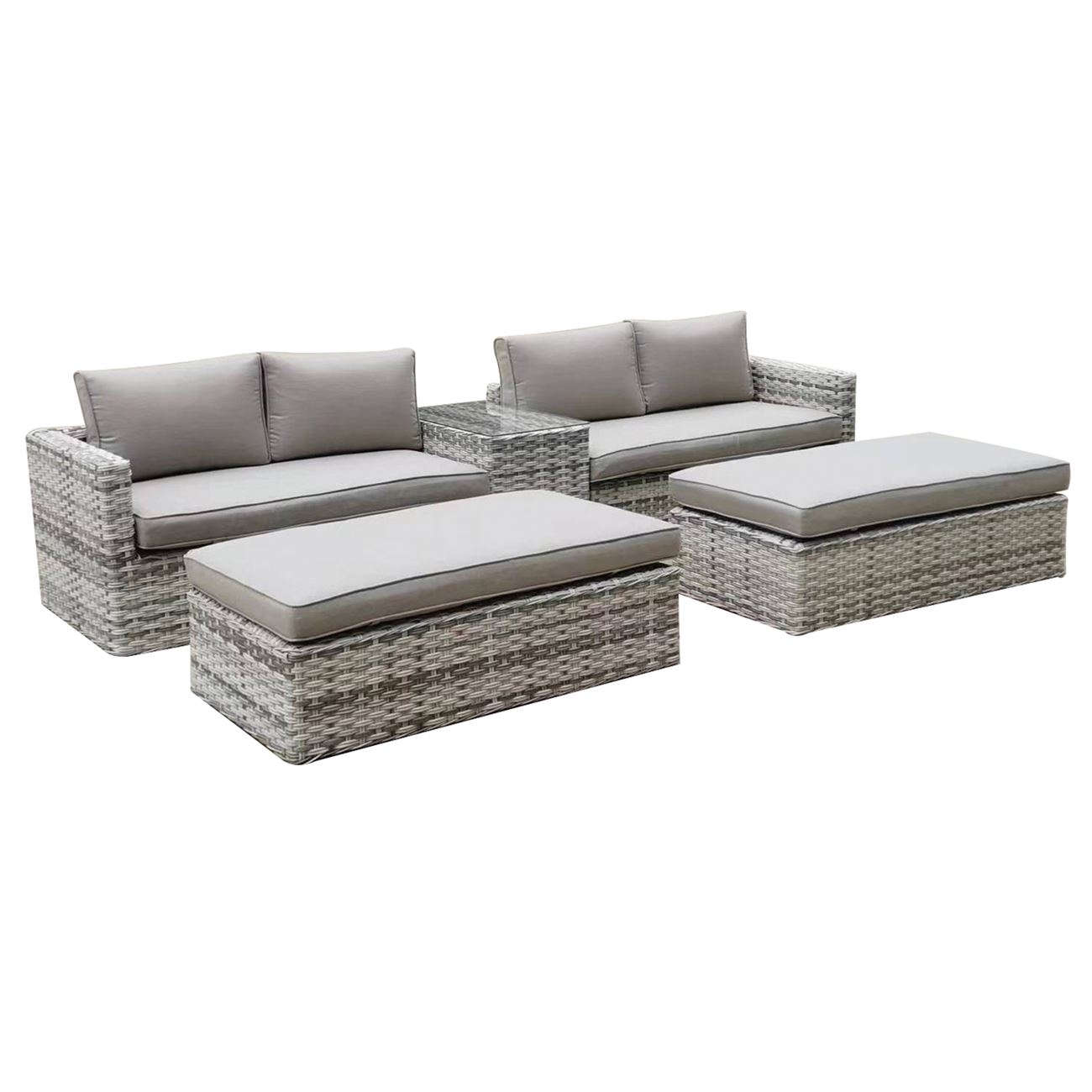 Καναπές 4Θέσιος+2 σκαμπό+Τραπεζάκι, Wicker Grey White,  Μαξιλ.Μπεζ 2