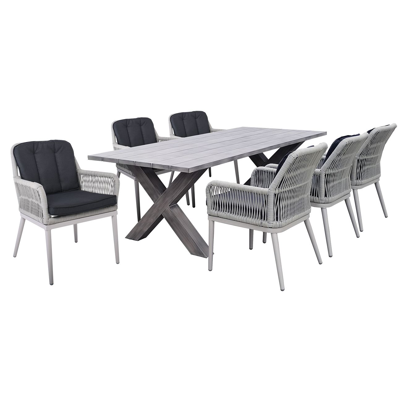 Set Τραπεζαρία Κήπου ALU & Rope Grey-Μαξιλ.Ανθρακί: Τραπέζι 180x94 + 6 Πολυθρόνες 2